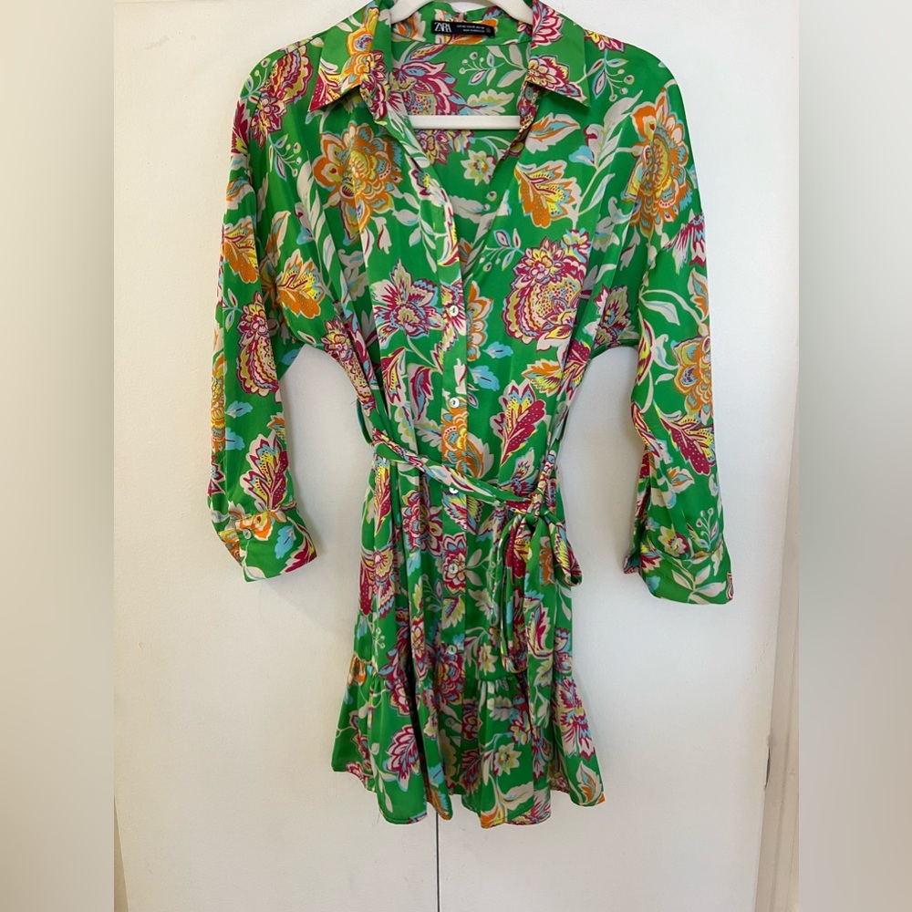 Zara Green Satin Floral Printed Ruffle Hem Shirt Dress XS
